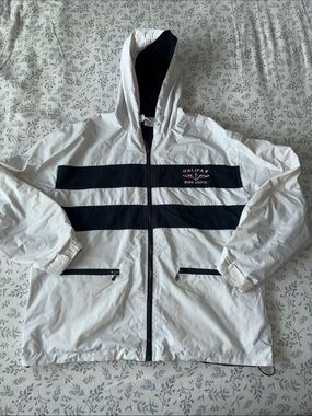 Halifax Men’s White Hooded Raincoat with Navy Stripes